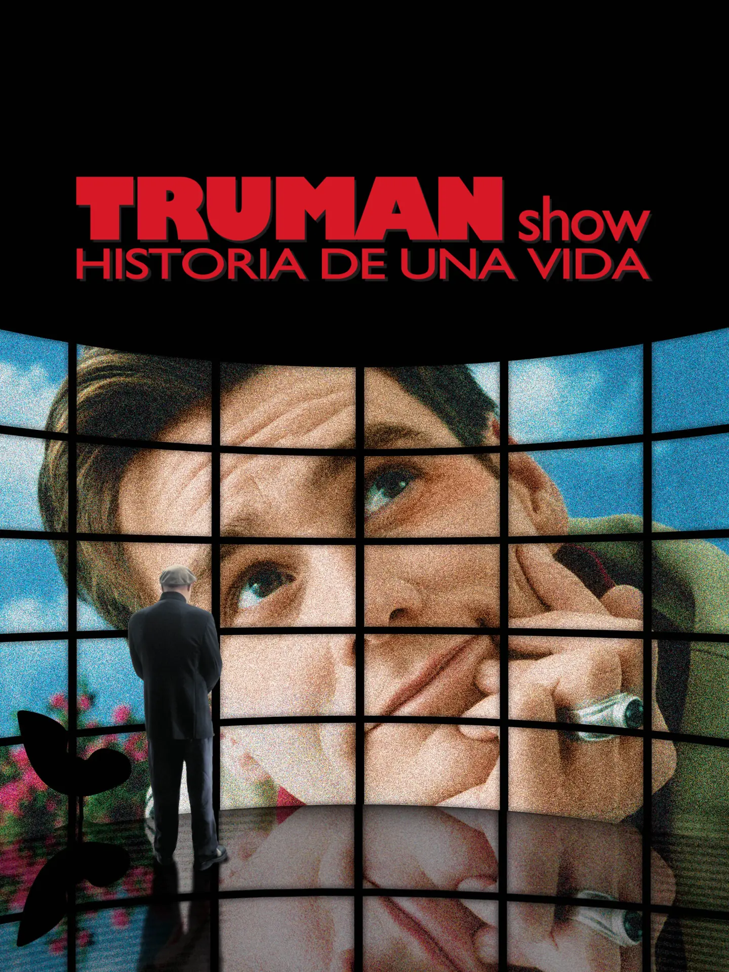 Cartel de The Truman Show con Truman frente a un muro de pantallas